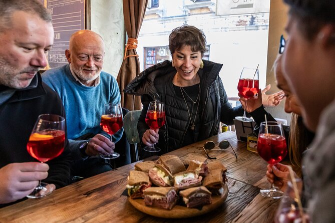 Eating Venice Food & Drinks Tour - Prosecco, meatball, and shrimp in saor on Calle San Felice